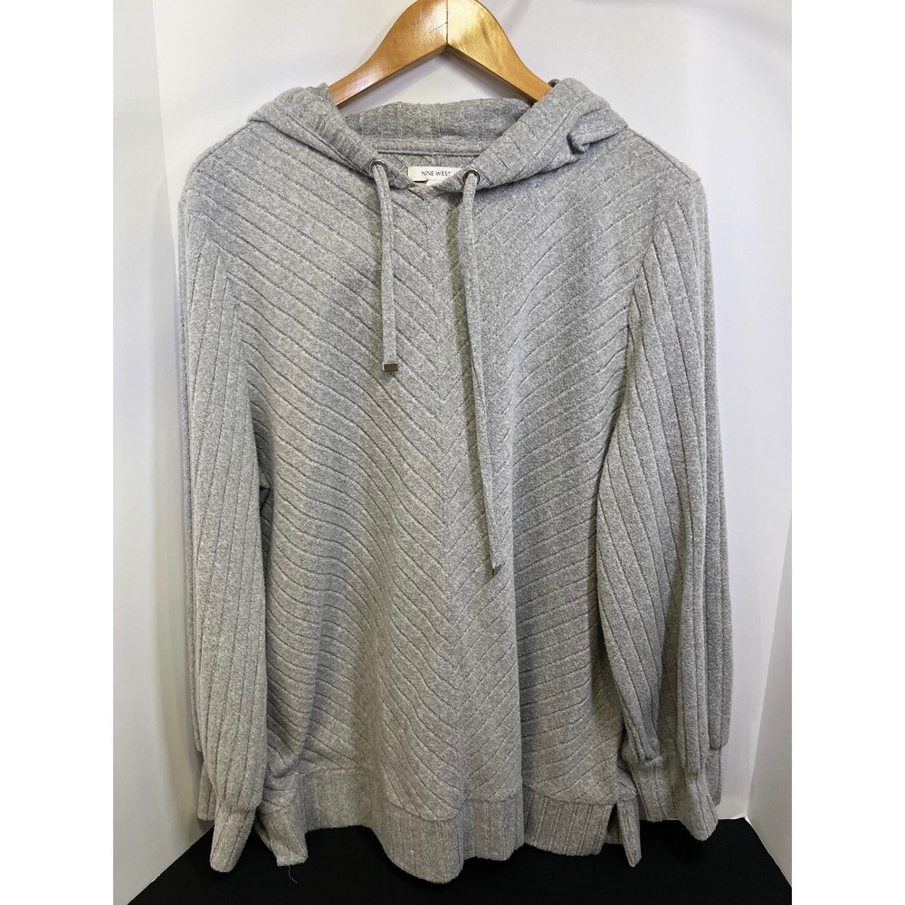 Nine West Womens XXL Gray Chevron Ribbed Knit Pullover Hoodie Sweatshirt